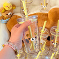 Rilakkuma Straw Cup Large Capacity Transparent Double Layer Cute Cartoon Cold Drinks Water Bottle Portable for Girls