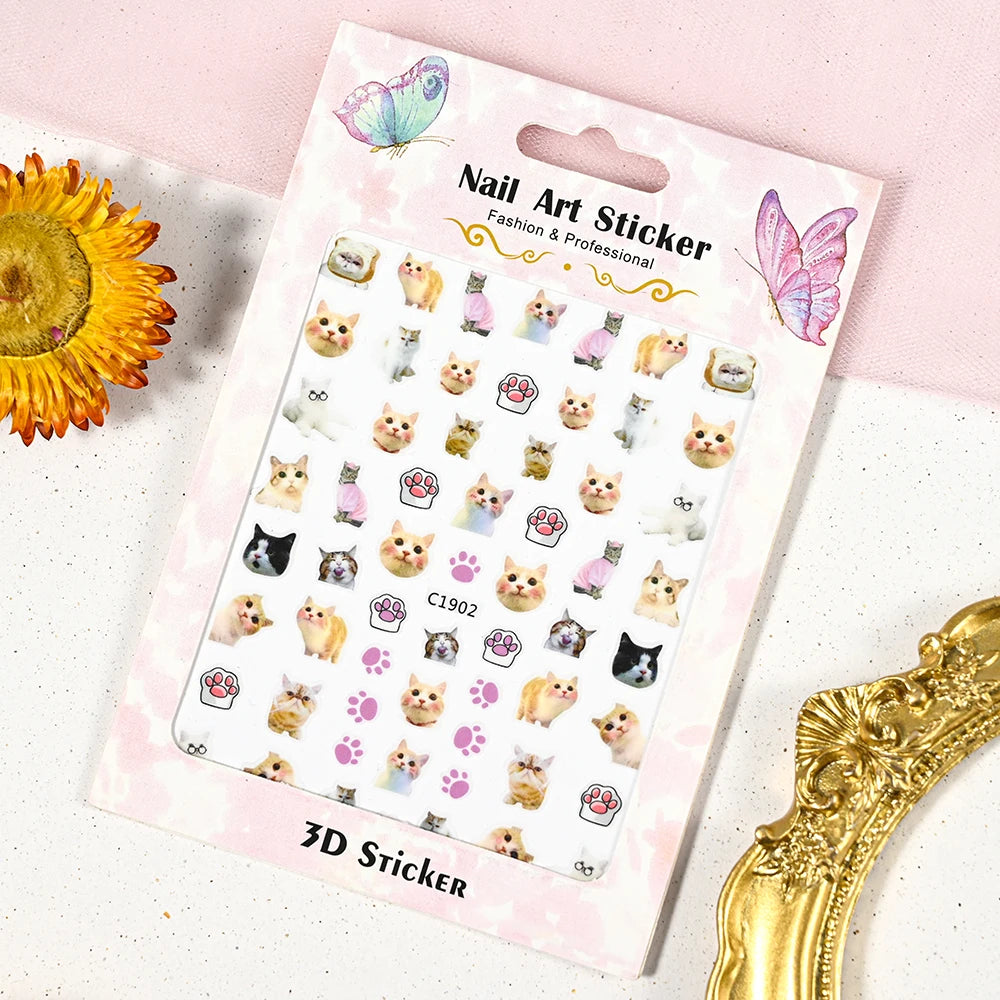 1pc 5D Cute Jelly Pink Cat Paw Print Nail Sticker Lovely Kitty Puppy Dog Cartoon Embossed Relief Nail Art Sticker Manicure Decal