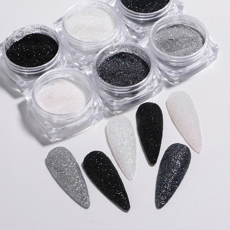 6pcs Nail Polish Glitter Fine Sand Holographic Glitter Powder Black White Reflective Pigment Flakes Powder Manicure Accessories