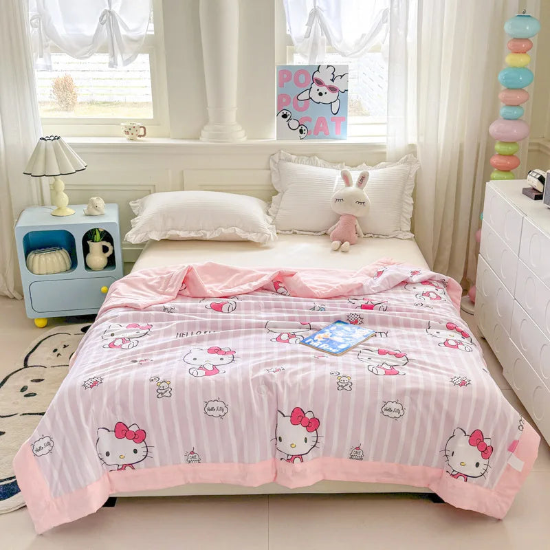 Sanrio Cartoon Air Conditioning Blanket Hello Kitty Kuromi Anime Child Washed Cotton Summer Quilt Cute Comfortable Nap Blanket