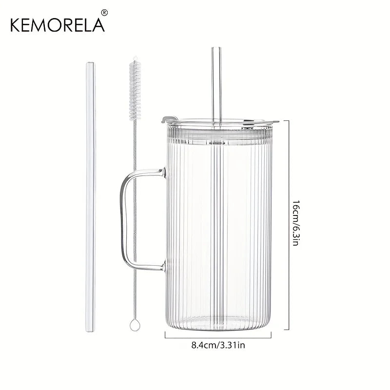 KEMORELA 740ML Ribbed Glass Tumbler Set of 1/2 with Handle Lid And Reusable Straws for Iced Coffee Clear Large Drinkware