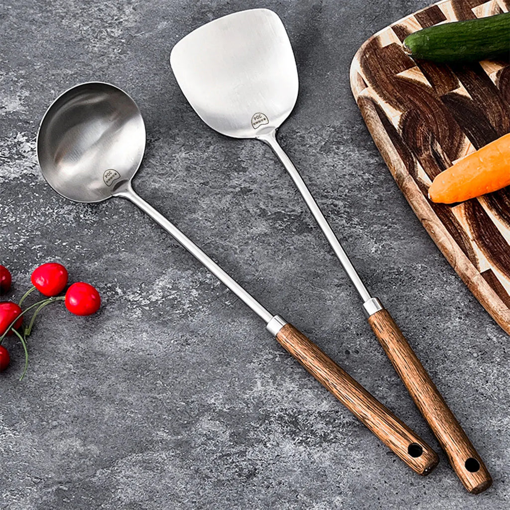 WORTHBUY 304 Stainless Steel Turner With Wooden Handle Heat-Resistant Long Handle Soup Ladle Spatula Kitchen Cooking  Utensils