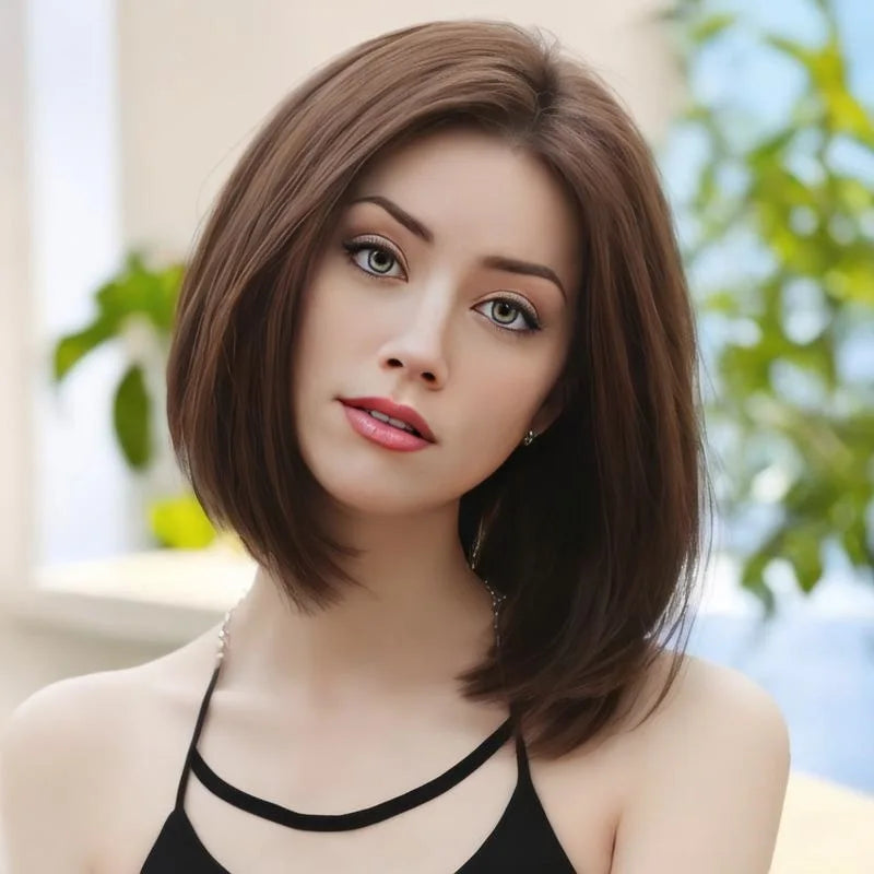 Fashion synthetic fiber wig women's medium short straight bobo head wig mechanism high temperature silk full head cover