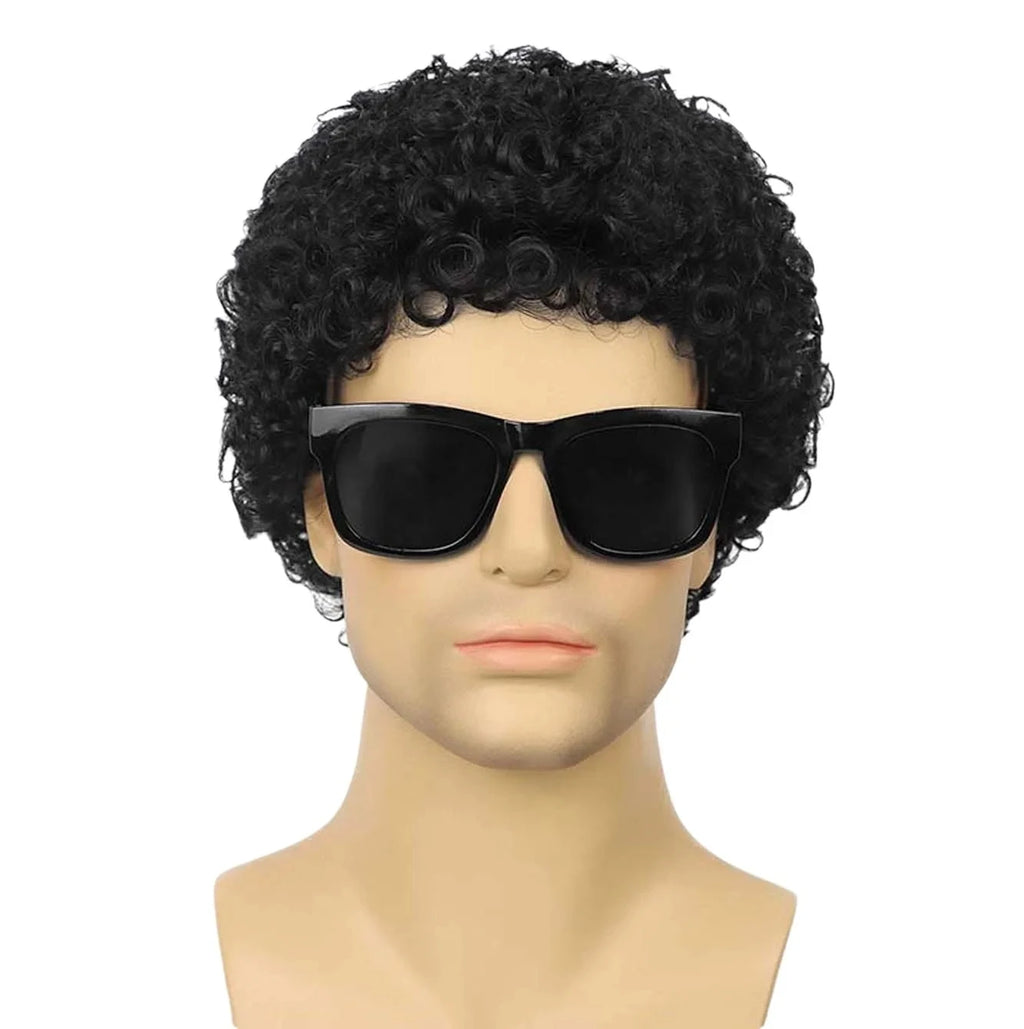 Synthetic Mens Short Afro Curly Wig With Glass for Male 70s 80s Disco Guy Rocker Halloween Cosplay Fancy Daily Party Costume