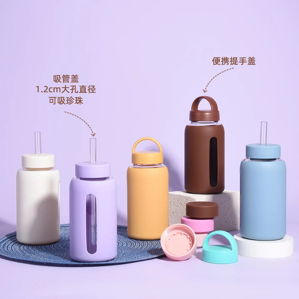 600ml Large Capacity Single-layer Glass Water Bottle with Silicone Sleeve,Time Scale And Straw,Drinkware,Portable Outdoor Cup