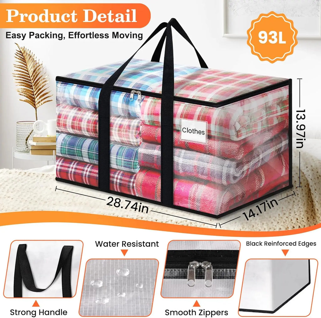 Extra Large 93L Moving Storage Bags, Heavy Duty with Strong Zippers & Handles, 8 Pack Clear Totes for Home Organization