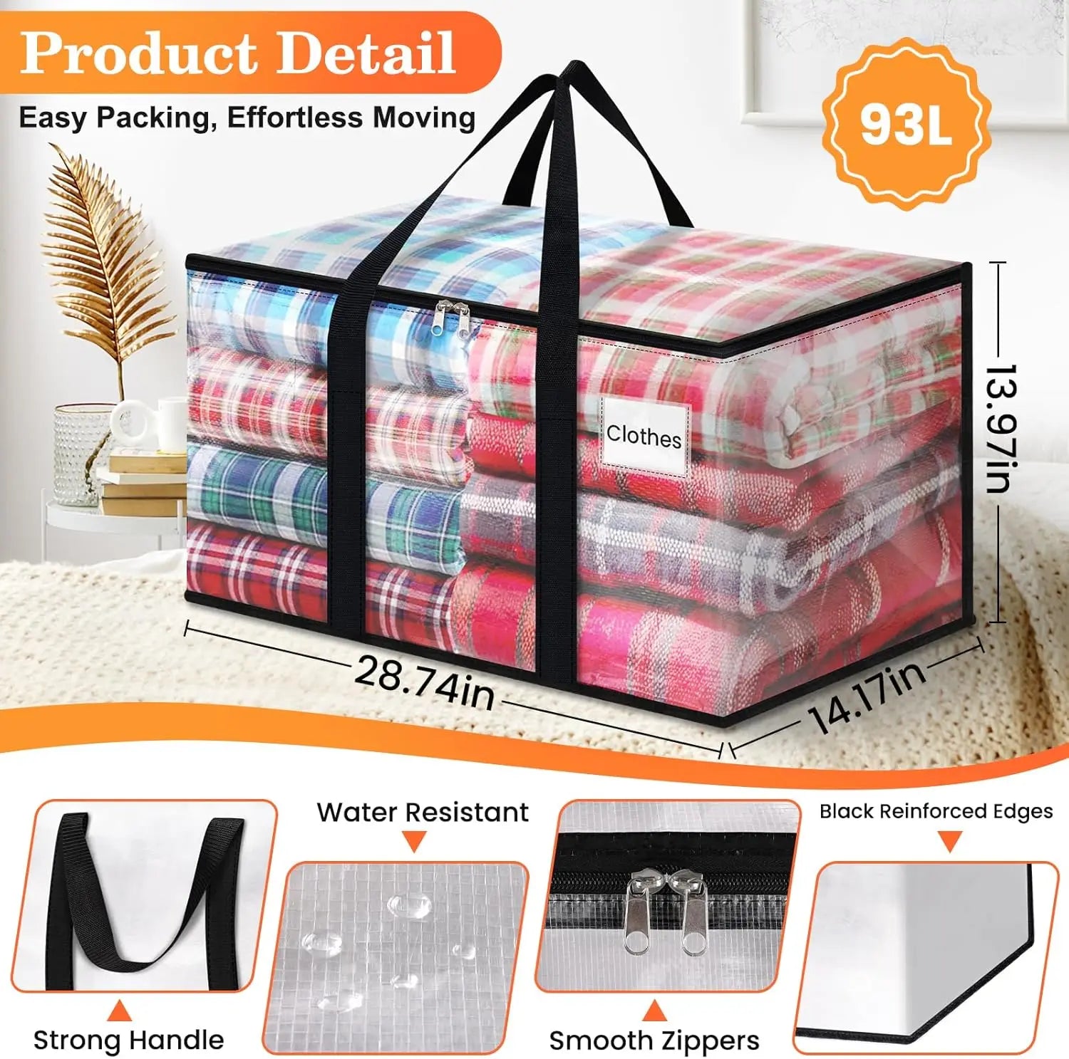 Extra Large 93L Moving Storage Bags, Heavy Duty with Strong Zippers & Handles, 8 Pack Clear Totes for Home Organization