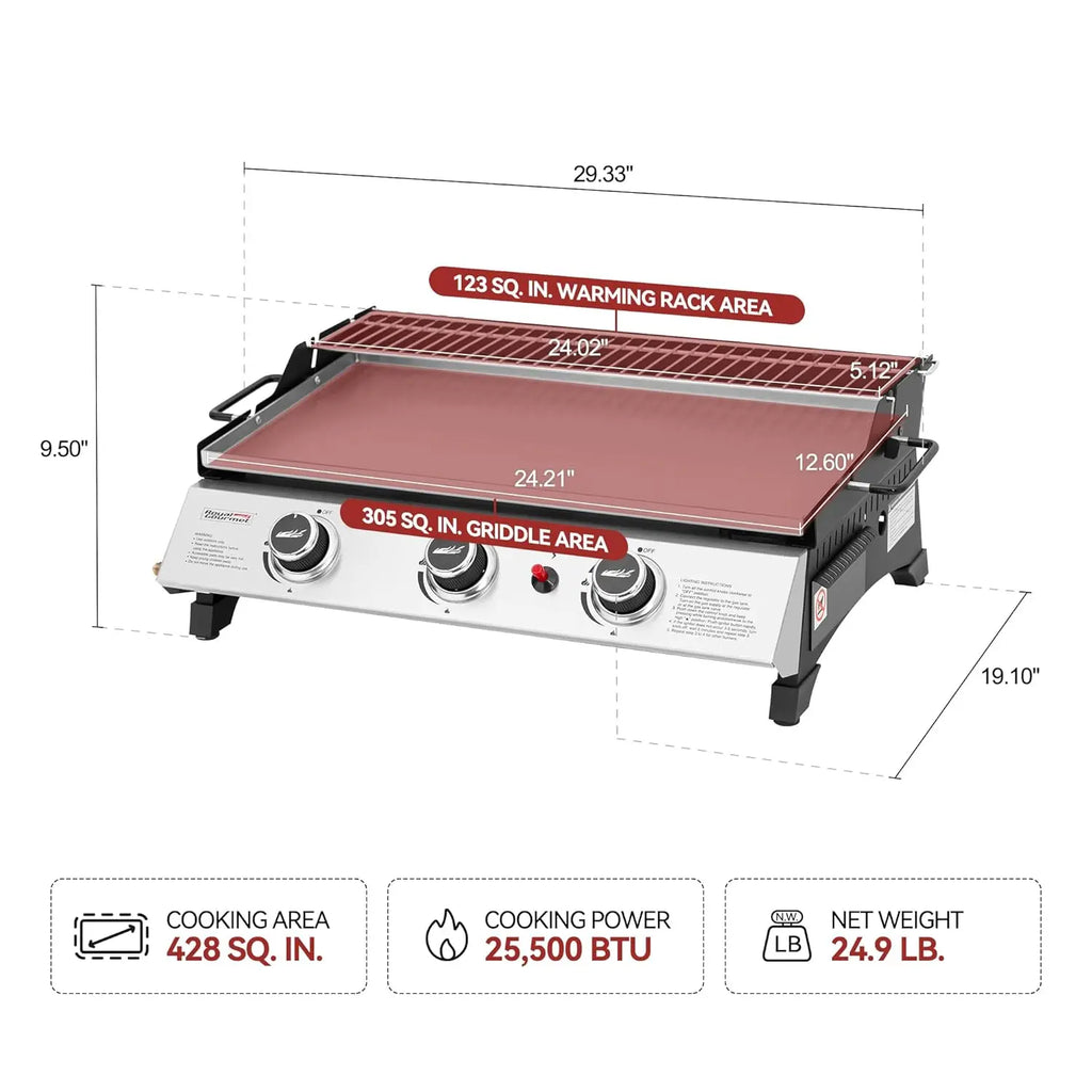 3-Burner Tabletop Propane Gas Grill Griddle with Warming Rack, 24-Inch Stainless Steel Portable Griddle, Ideal for, Customized