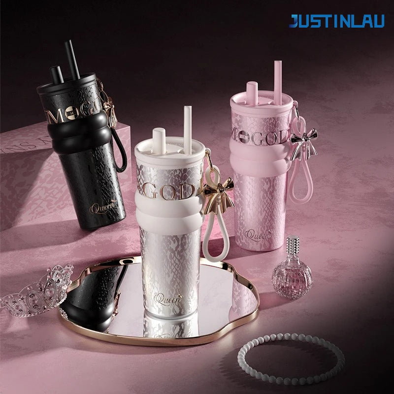 JUSTINLAU 710ML Goddess Style Aurora Insulated Cup Ceramic Coated Straw Cup Fashionable Drawstring Pendant Light Luxury Gift Cup