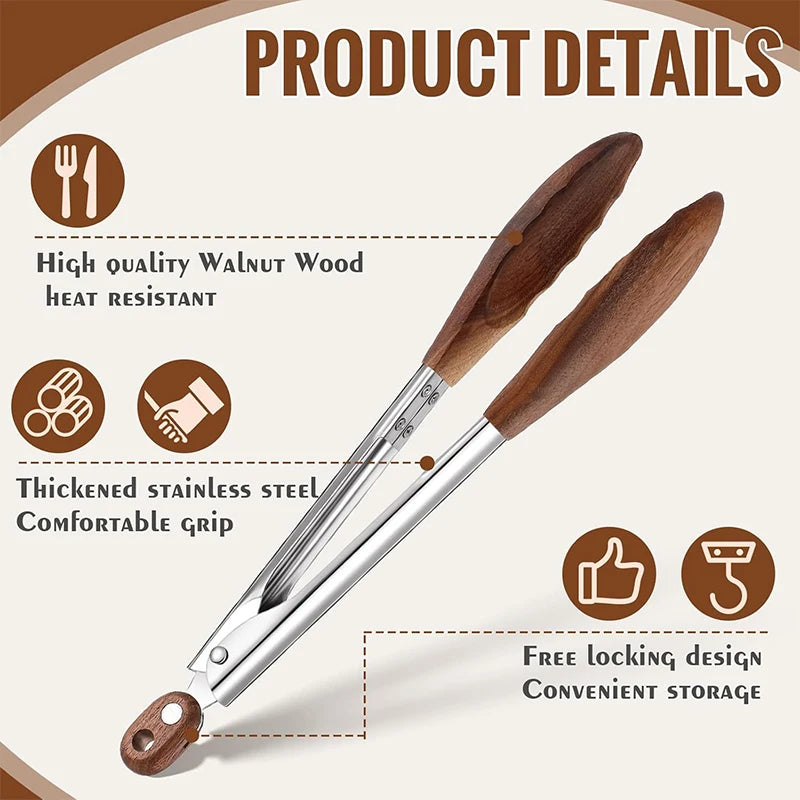 LMETJMA Wooden Kitchen Cooking Tongs Stainless Steel Kitchen Tongs with Wooden Tips Long Handle Food Salad Tongs For BBQ Cooking