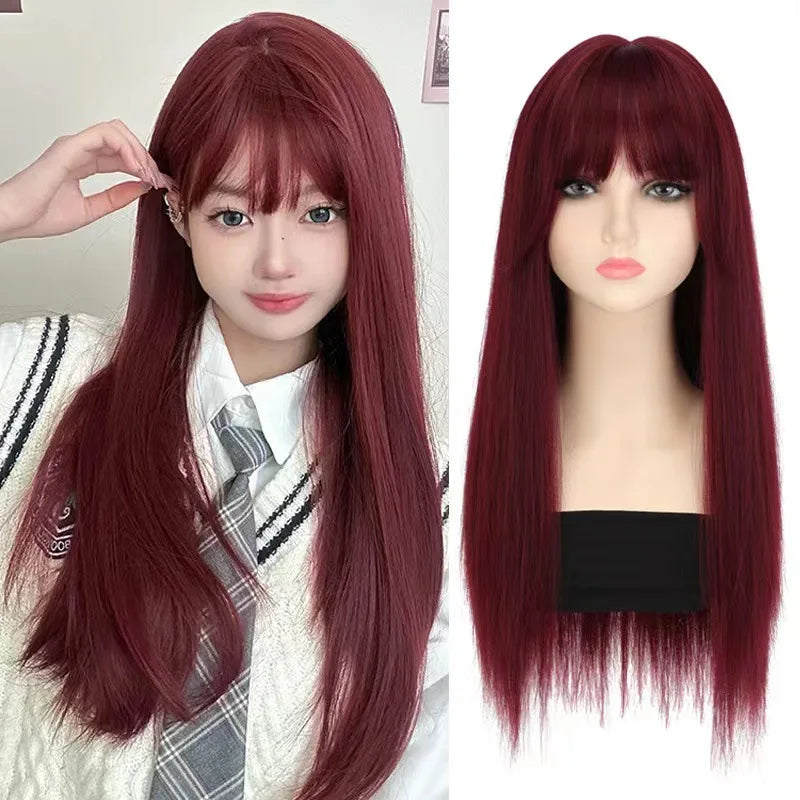 Black 26-inch synthetic wig with long straight hair for Halloween cosplay, daily use, high-temperature hair accessory