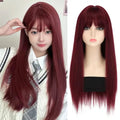Black 26-inch synthetic wig with long straight hair for Halloween cosplay, daily use, high-temperature hair accessory