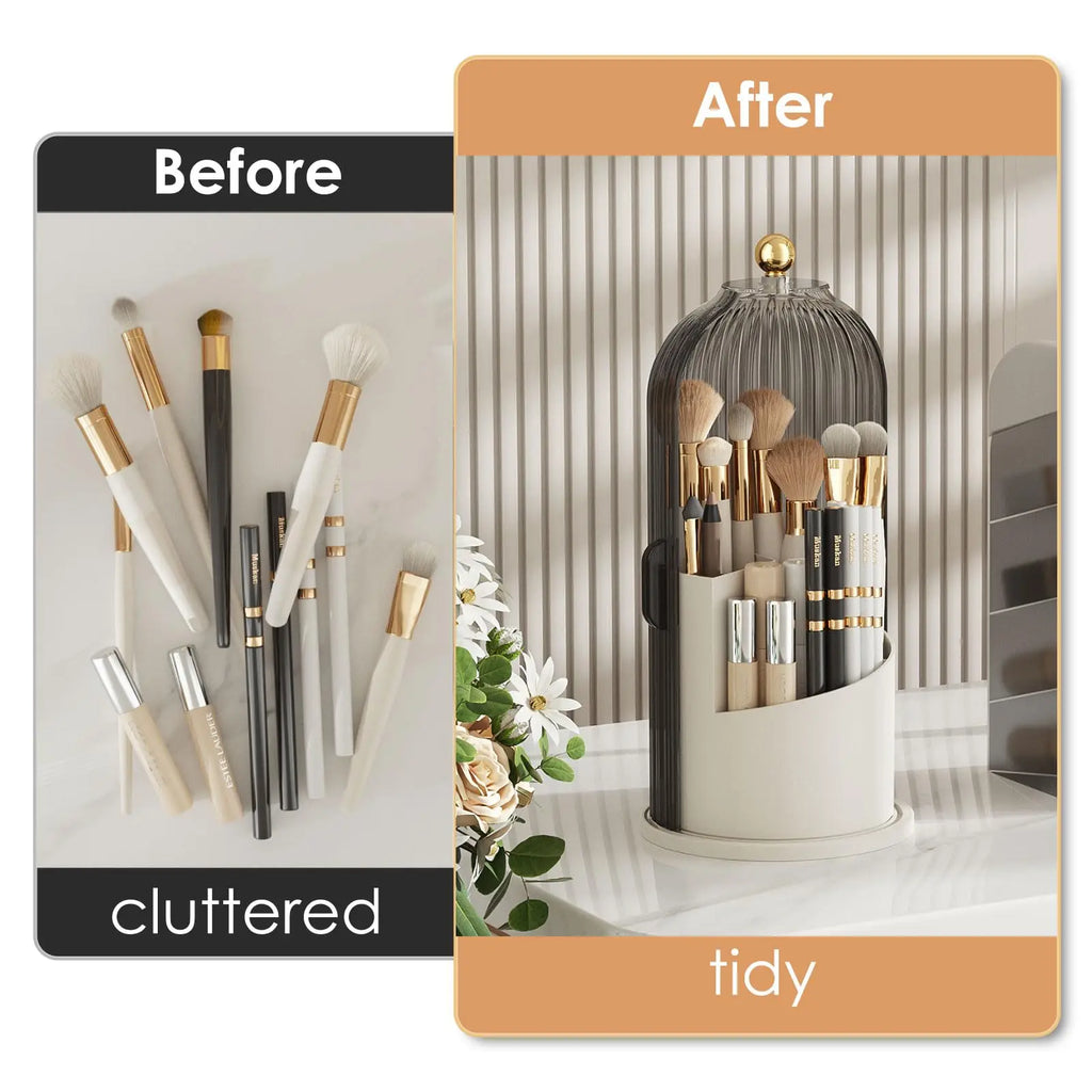 YOOLENS Makeup Brush Holder Organizer with Lid,360 Rotating Clear Dustproof Makeup Brushes Organizer for Vanity Desktop Bathroom