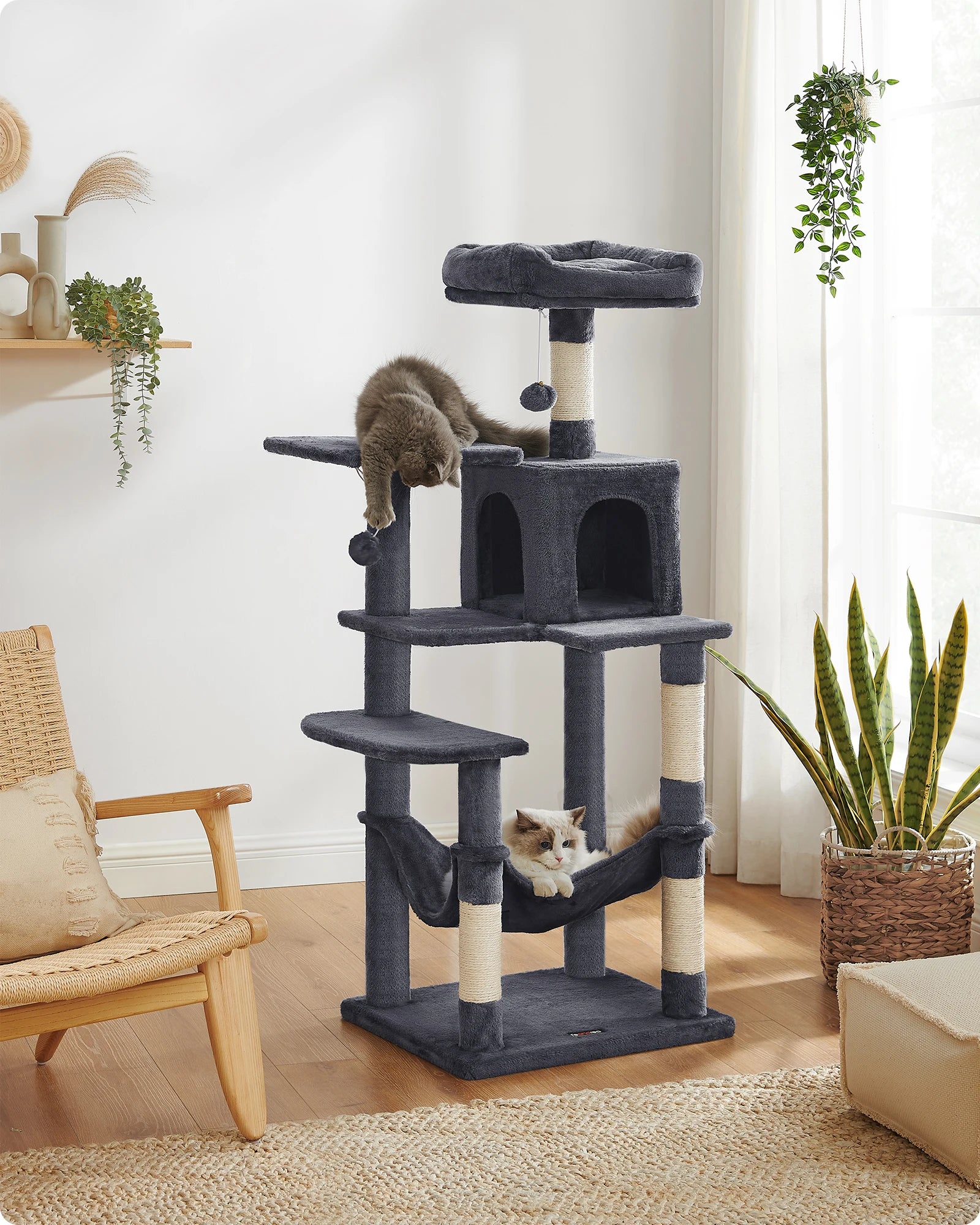 Feandrea Cat Tree, 143 cm Cat Tower for Indoor Cats,  Cat Condo with 4 Scratching Posts, 2 Perches,  Pompoms