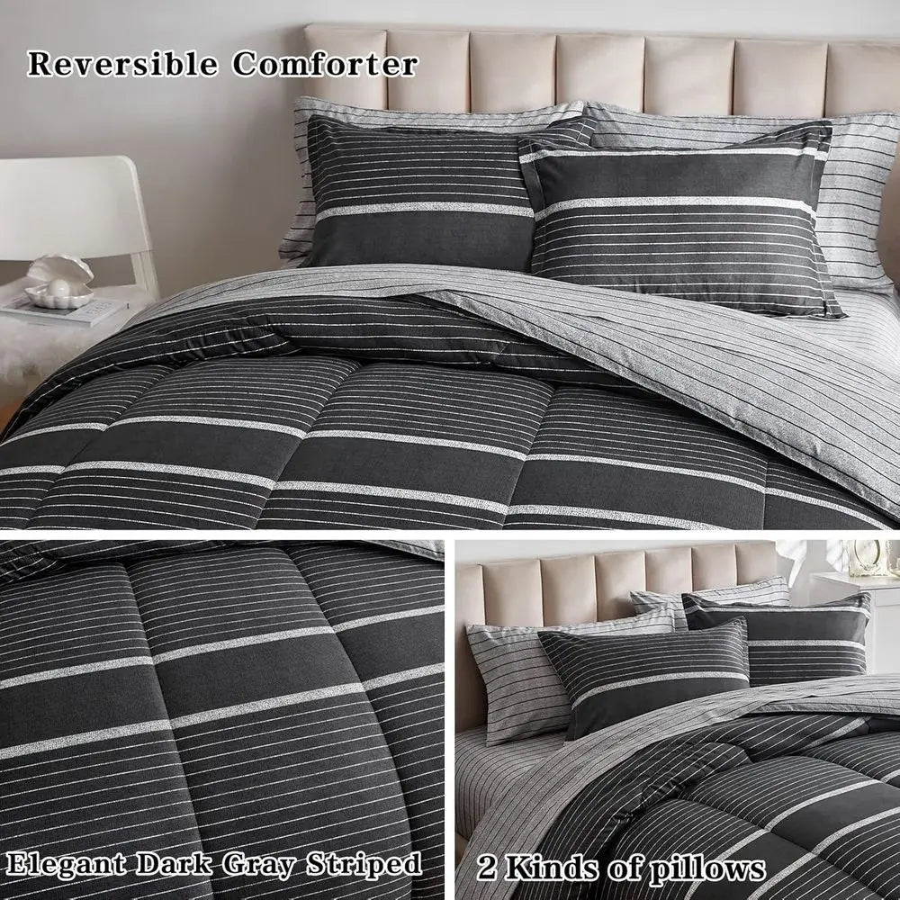 7-Piece Bohemian Striped Queen Bedding Set: White on Dark Gray Comforter with Sheets and Pillowcases