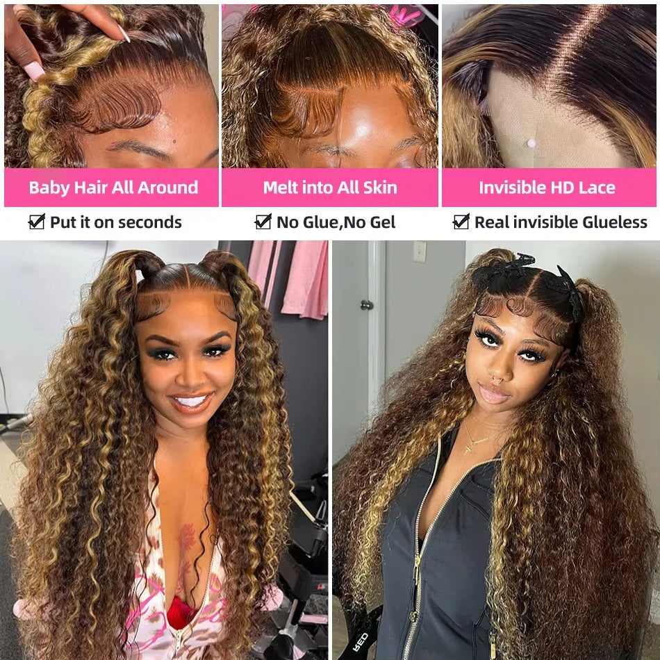 30 36 Inch 13x4 13x6 HD Highlight Ombre Curly Lace Frontal Human Hair Wigs Honey Blonde Colored Deep Wave Frontal Wigs For Women