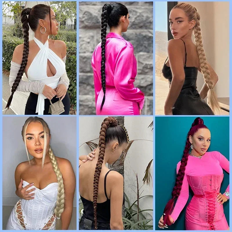 30'' Braids Ponytail Extensions Long DIY Braided Hairpiece Ponytail for Women Synthetic Heat-resistant Braid Fake Tail Wine Red