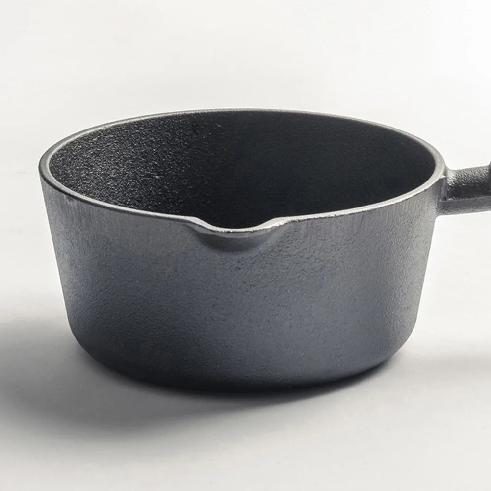 Non-Stick Cooking Saucepan with Pour Spout Cast Iron Hot Oil Pan Wooden Handle Butter Warmer for Pouring Oil Milk Heating Frying