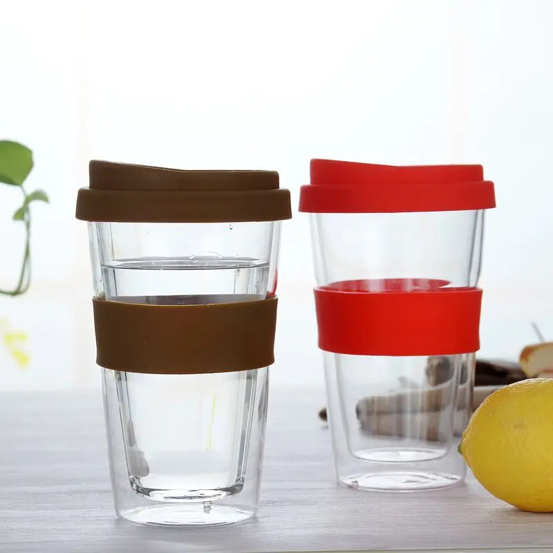 Heat Resistant Double Wall Glass Cup, Drink Water Bottle with silicone Cover and Anti scalding Sleeve, Office Handy Mug