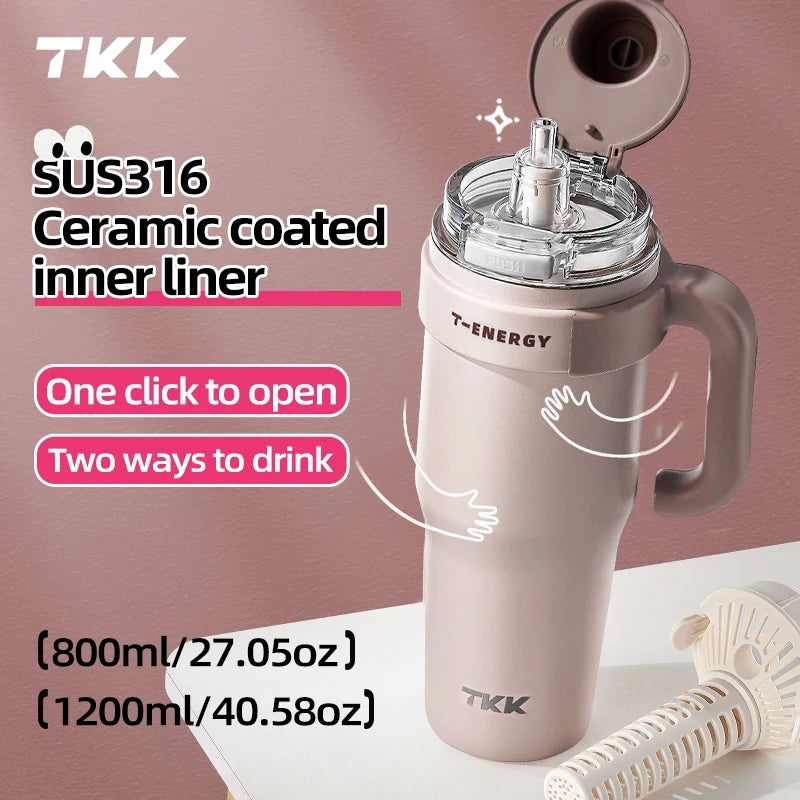 TKK 800ml/1200ml SUS316 Ceramic Coating Vacuum Cup, with Straw and Tea Strainer Vacuum Insulated Large Capacity Water Bottle