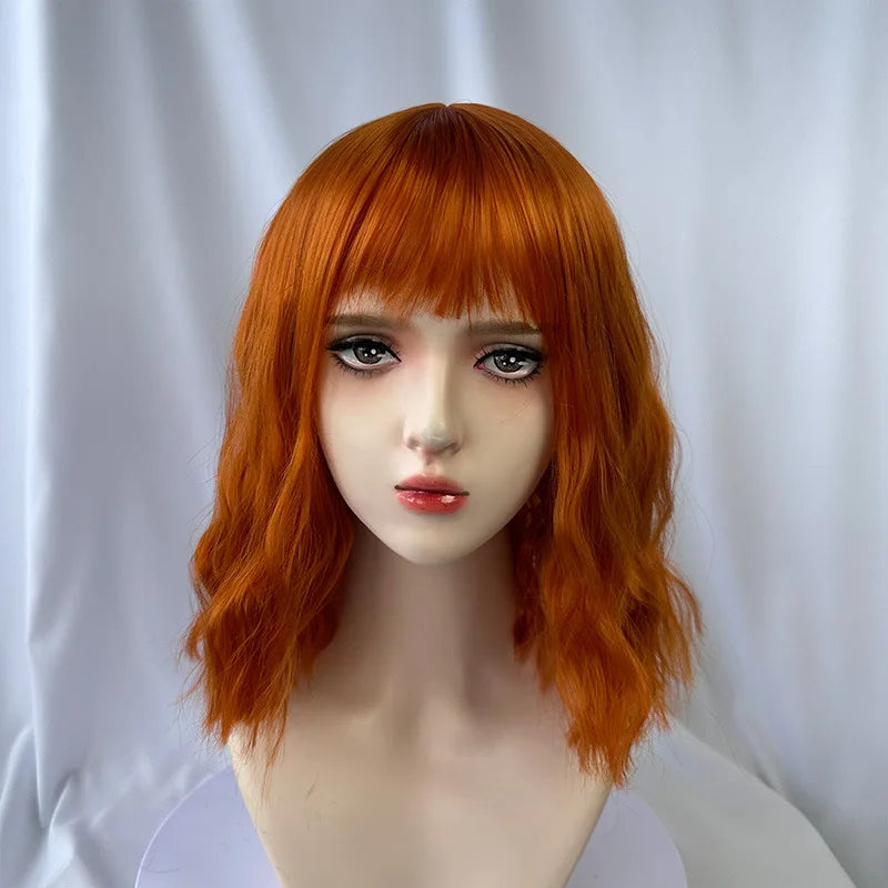Fashionable orange synthetic wig female short curly hair wavy liu sea ripple cosplay party daily wear wig full head cover