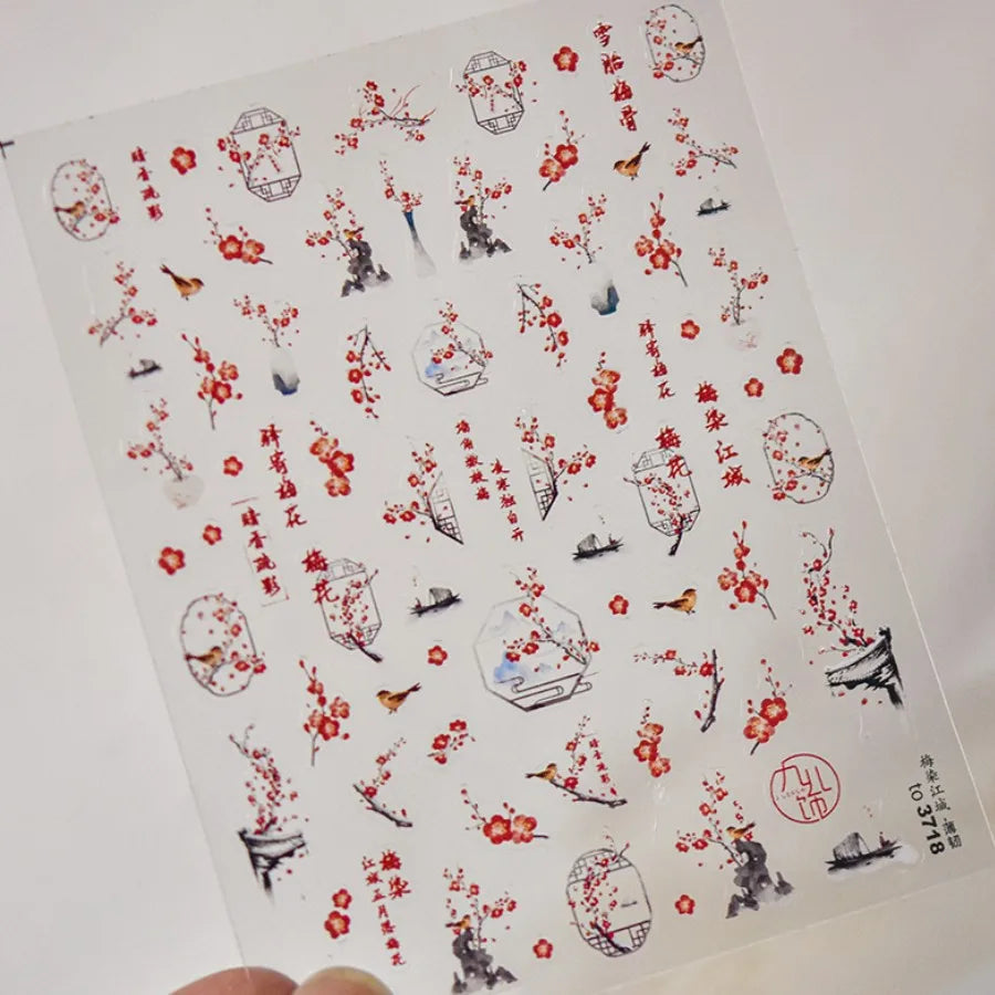 2pcs 5D Kawaii Plum Blossom Nail Stickers Fashion Chinese Flower Nail Art Decoration Self-Adhesive Decals DIY Slider Accessories