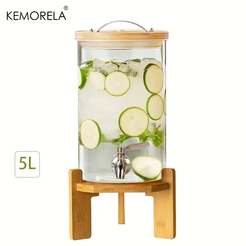 5L Glass Beverage Dispenser with Stand - Clear Drink Dispenser with Spigot Needed Durable Glass & Wood Base for Parties Bar