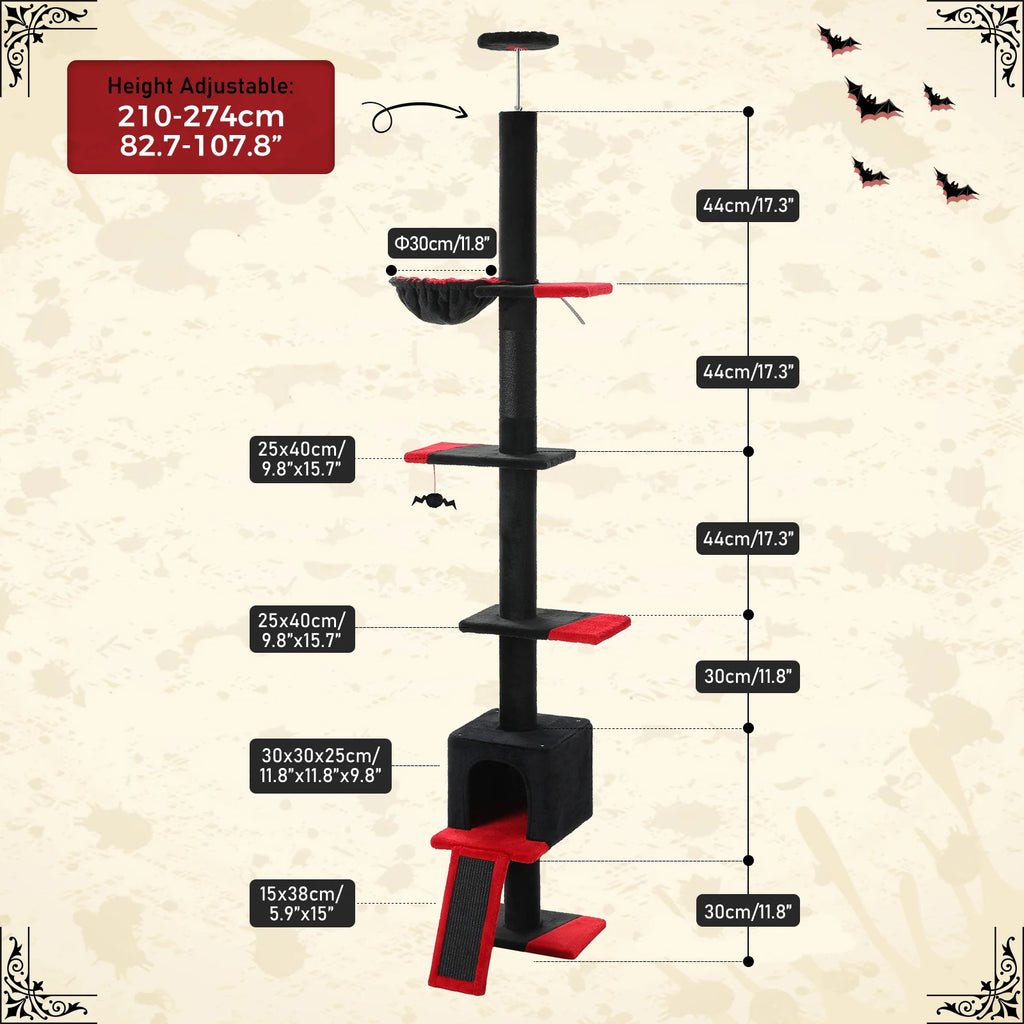Floor to Ceiling 5 Tiers Cat Tree Tower Cat Climbing Tree Adjustable Height  for Indoor Cats with Condo Scratching Post Ladders