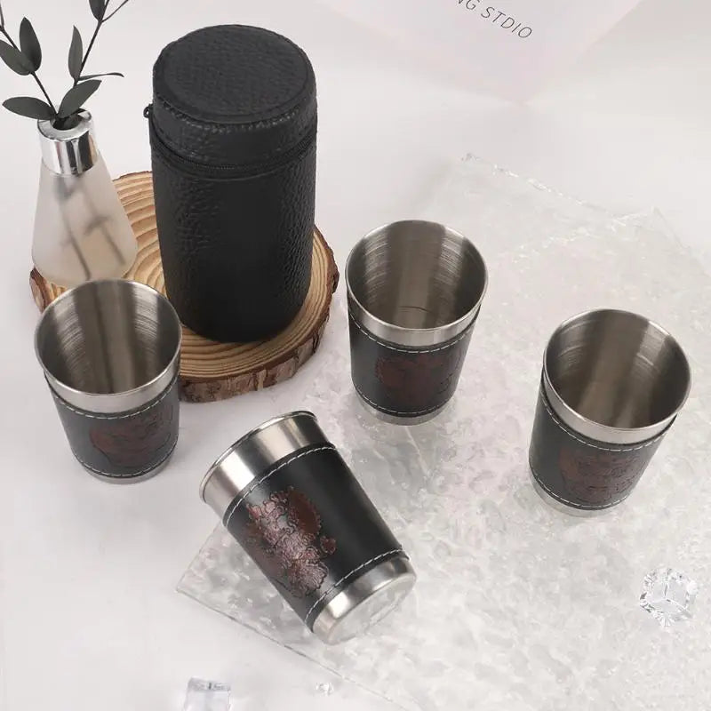 4Pcs/Set Travel Cups Stainless Steel Cup With PU Leather Portable Coffee Wine Beer Whisky Cup Camping Tableware Outdoor