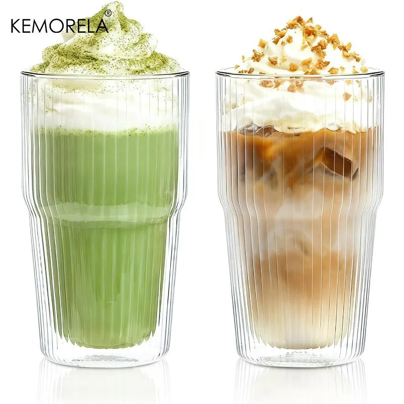 KEMORELA 2PCS Borosilicate 473ML Double Wall Tumbler Glass Coffee Mugs with Striped Design for Iced  Coffee,Bubble Tea and Juice
