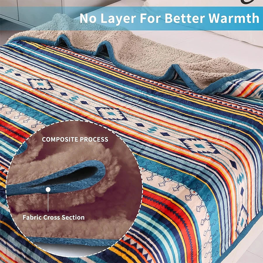 Nordic Bohemian Flannel Blanket - Double-Layer Lamb Wool Thickened Warm for Sofa Bed, Travel & Home Office, 200x150cm Hypoallerg
