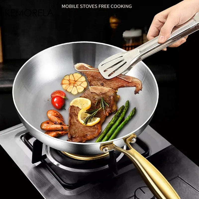 3PCS/Set 316 Stainless Steel Gold Handle Frying Pan 2MM Thick Wok Pan 5 Ply Steel Food Grade Safety Non-Stick PansMultiple Sizes
