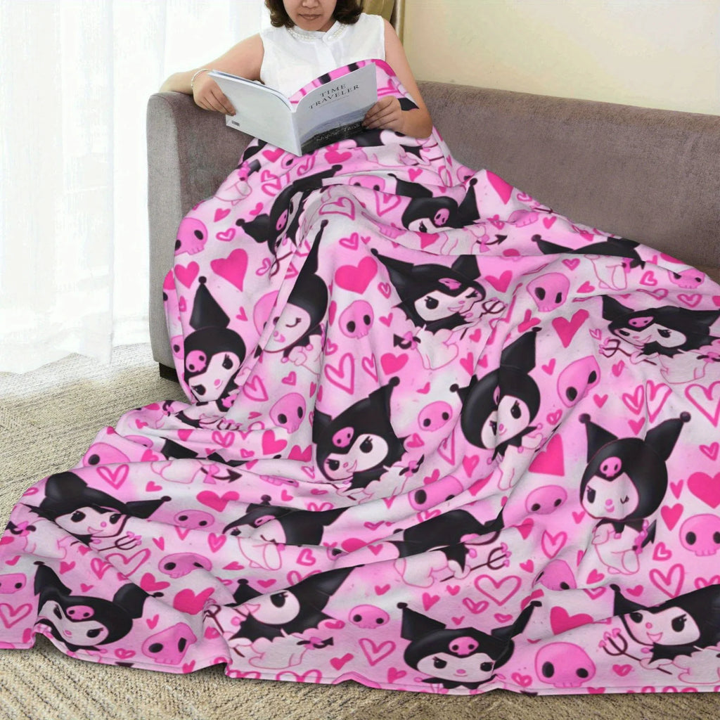Kuromi Pink Skull Throw Blanket Single Sided Print Flannel Blanket Bedroom Living Room Couch Decor Cute Edgy Vibe Accessory Gift