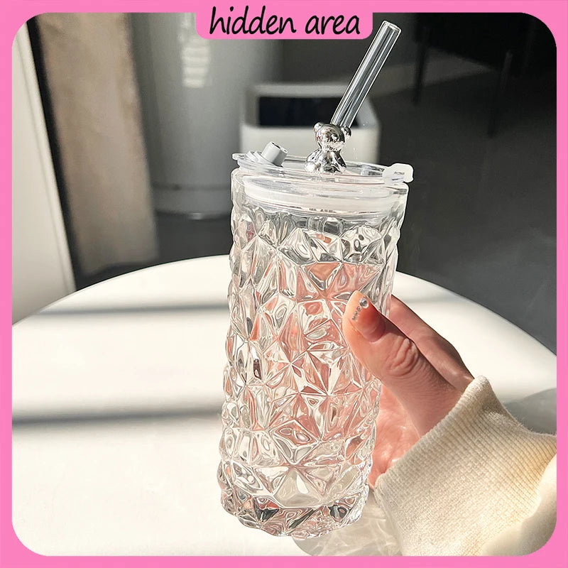 New 2024 Glass Water Cup Women's Coffee Cup With Lid And Straw Portable Home Tea Cup Office European-style Vintage Milk Cup