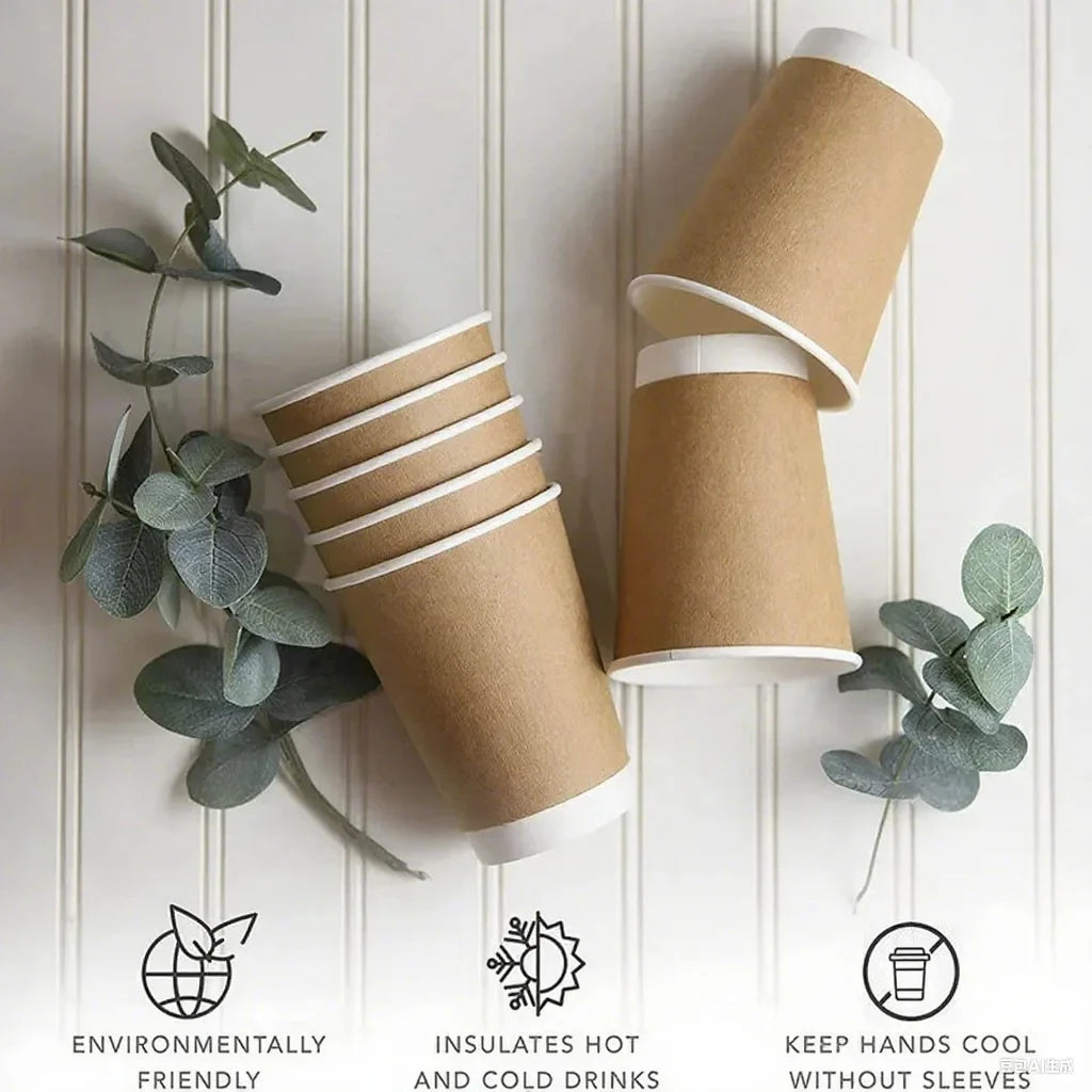 8/10/12/16oz Disposable Kraft Paper Coffee Cup With Lid Hot Cold Beverage Party Accessorie Insulation Takeaway Double-Layer