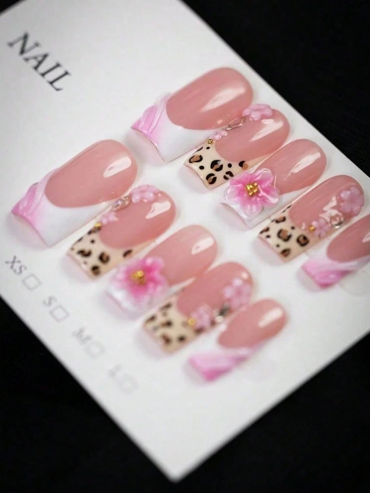 10pcs - Y2K Style Leopard Print Pink Flower Press on Nails, Pink Flower Gold Bead Square Nails - Leopard Print Design