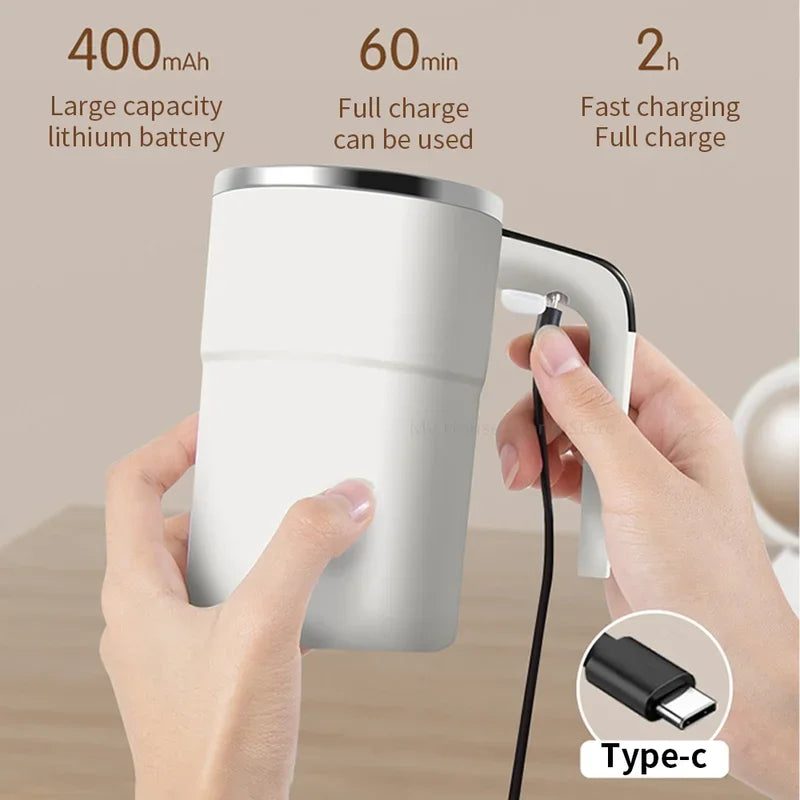 Automatic Stirring Mug with LED Temperature Display, Rechargeable Magnetic Coffee Cup with Lid - 12oz for Home or Office.