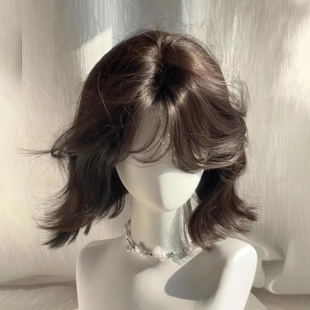 Short Wavy Black Brown Wig with Bangs Synthetic Cosplay Fluffy Heat Resistant Wig for Daily Party Lolita Cosplay