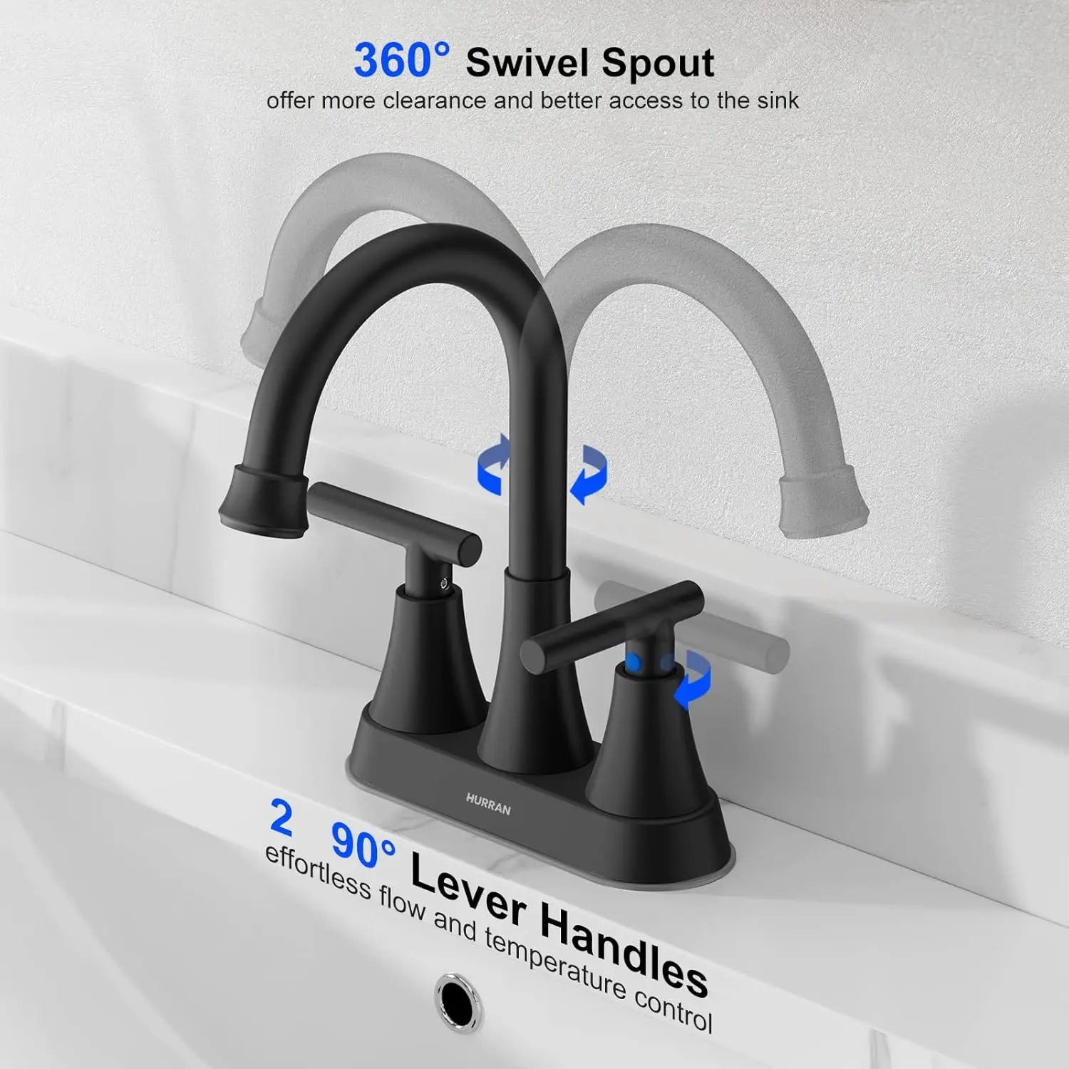 3 Hole Matte Black Bathroom Faucet with Pop-up Drain, 4 Inch Centerset, Stainless Steel Lead-Free for Sink Vanity