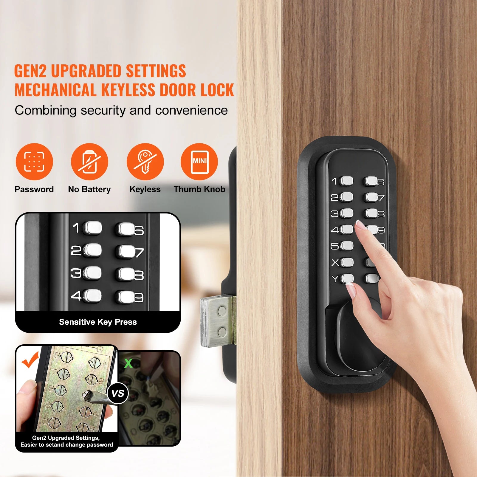 SucceBuy Mechanical Keyless Entry Door Lock 14 Digit Keypad Outdoor Gate Door Locks Set with Surface-mounted Latch Door Lock