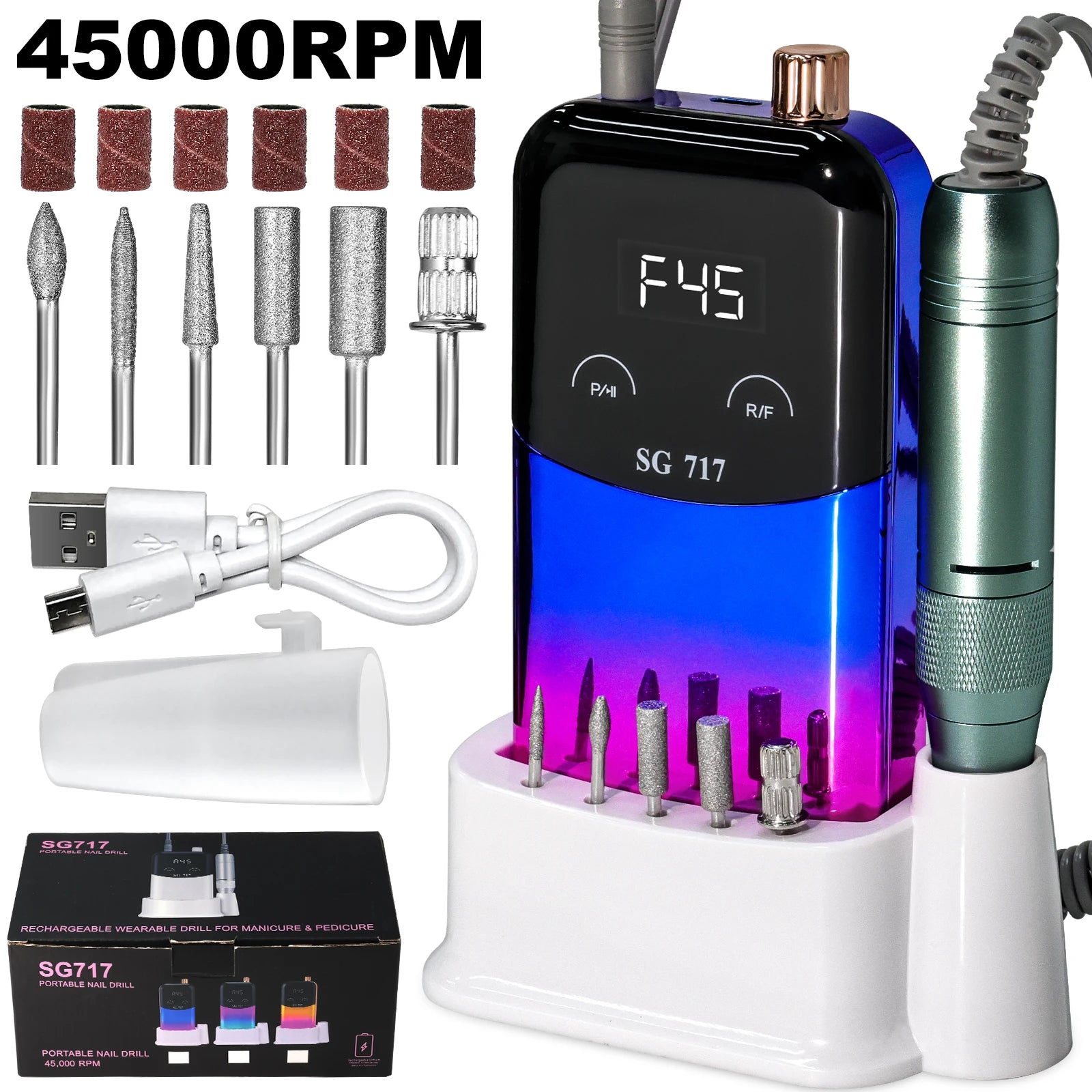 Professional 45000RPM Electric Nail File Gel Nail Polishing Machine Rechargeable Low Noise Nail Sander File For Manicure Salon