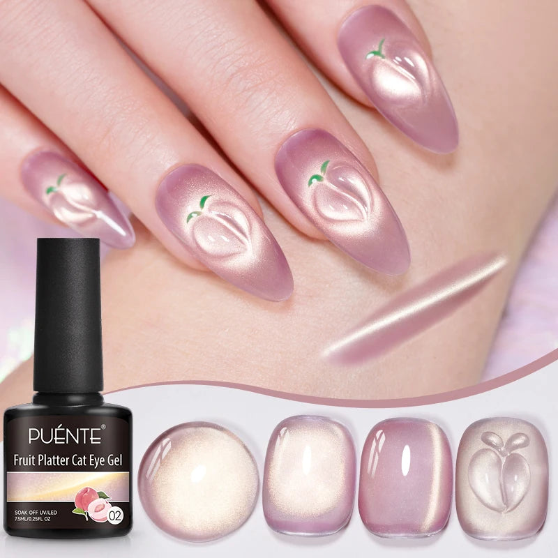 PUENTE 6pcs/set Fruit Series Cat Magnetic Gel Nail Polish Sparkling Blue Pink Purple Cat Eye Soak Off UV Semi-permanent Varnish