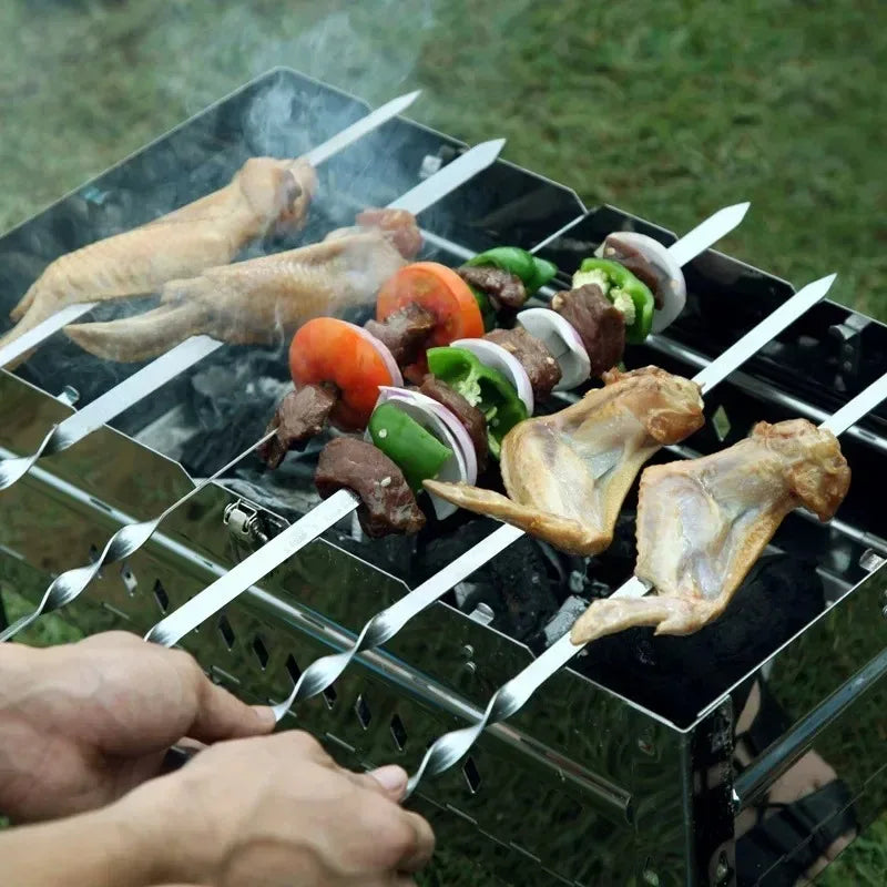 50cm 6Pcs BBQ Skewer Stainless Steel Wide Barbecue Sticks Flat BBQ Fork Outdoor Camping Picnic BBQ Utensil Kitchen Accessories