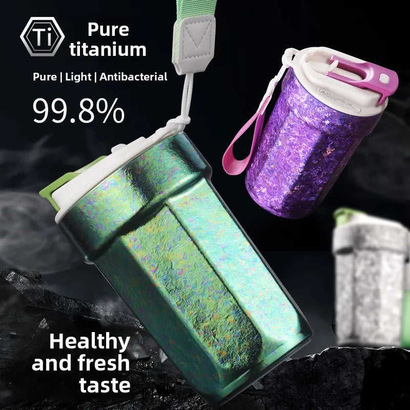 Pure titanium coffee mug with rope octagonal thermos mug, portable outdoor water cup, car leak-proof cola mug