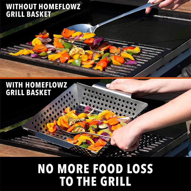 LMETJMA Grill Basket For Veggies Stainless Steel Grilling Basket Large Vegetable BBQ Basket for Charcoal and Gas Grill JT58
