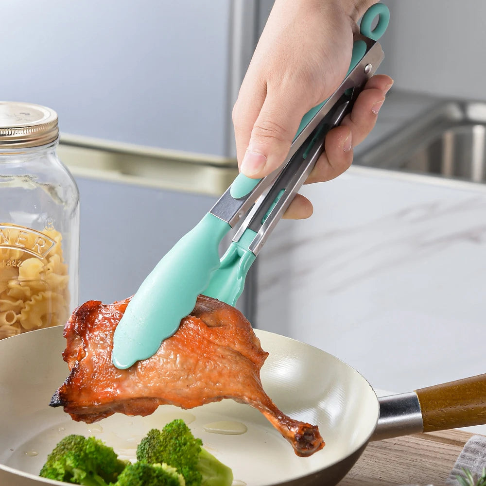 Silicone BBQ Grilling Tong Kitchen Cooking Salad Bread Serving Tong Non-Stick Barbecue Clip Clamp Stainless Steel Tools Gadgets