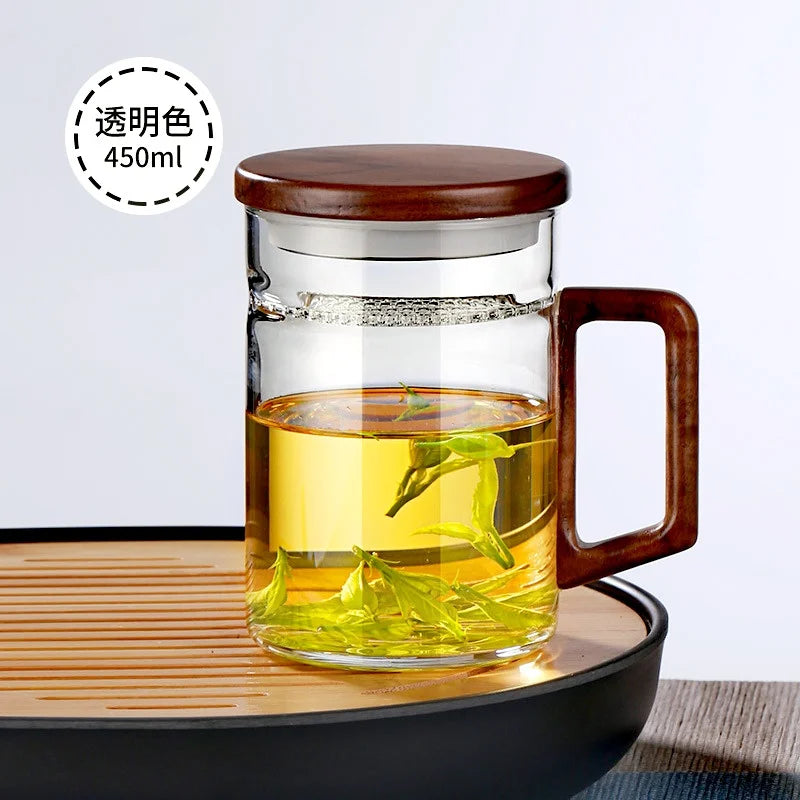 450ml 550ml Heat-resistant Glass Tea Mug With Crescent Filter Wooden Handle Lid Tea Water Separation Cup Drinkware