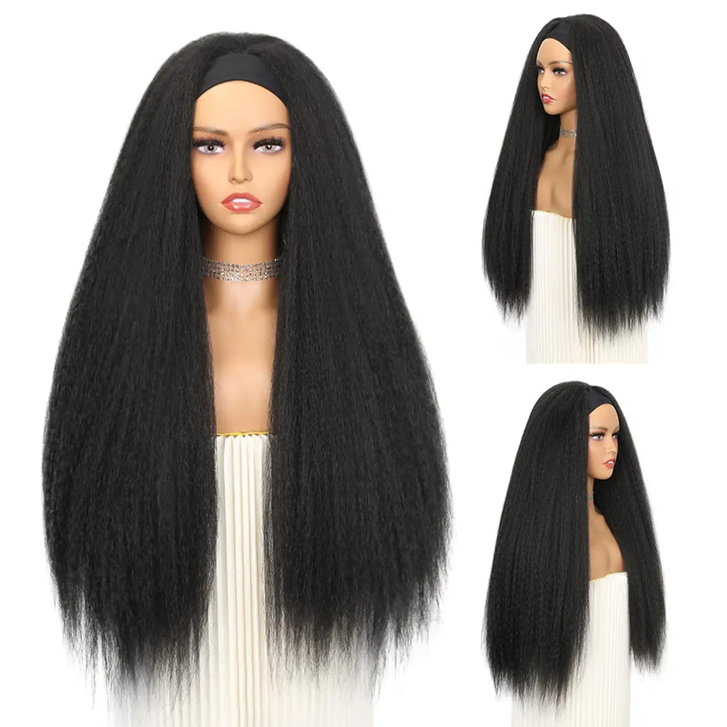 28-32Inch Synthetic Kinky Straight Headband Wig for Black Women Yaki Straight Wigs with Black Kinky Afro Wigs Daily Party Use