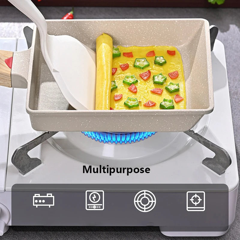 2pcs/Set Tamagoyaki Japanese Omelette Pan with Silicone Spatula Egg Pan Skillet Rectangle Frying Pan Kitchen Cooking Accessories