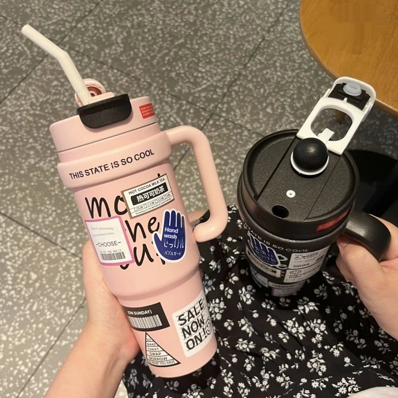 Diamond Thermos Cup With Handle 40oz 304 Stainless Steel Vacuum Coffee Insulated Bottle Portable Car Flasks Ice Cup